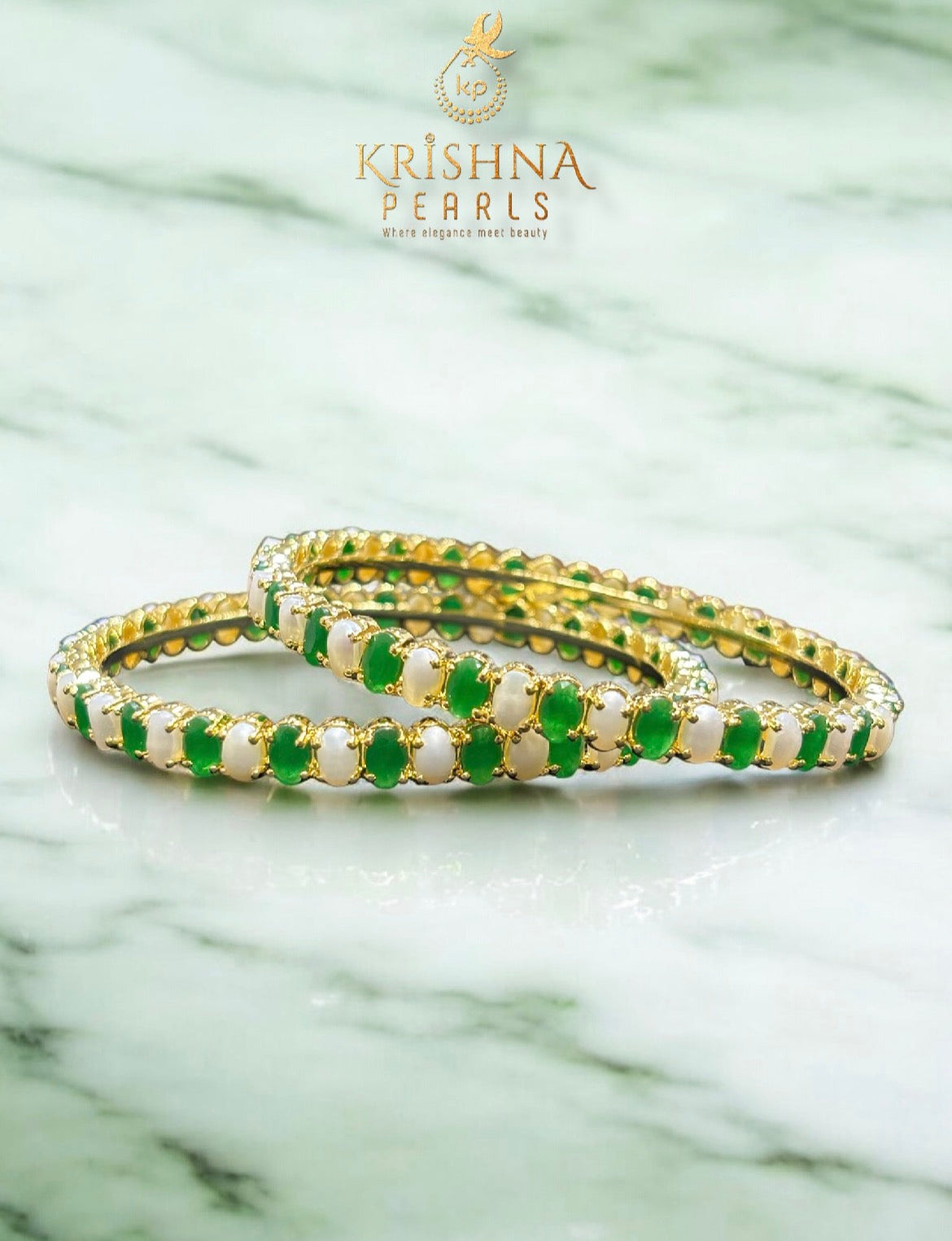 Designer Two Rows Pearl and Emerald Necklace and Bangles Complete Set