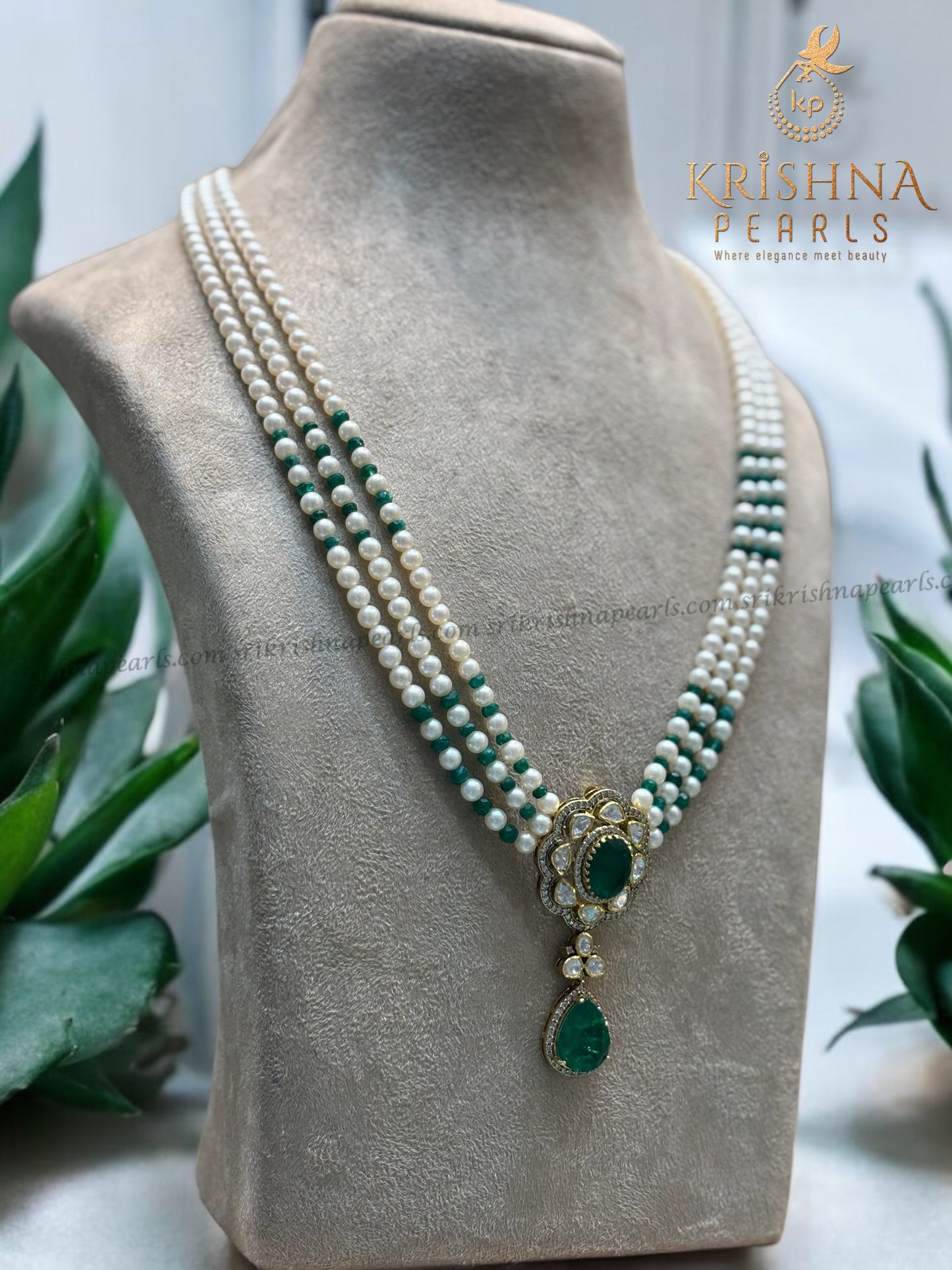 Timeless Royalty 92.5 Silver Green Stone Zari Polki with Round Natural Pearl Necklace Set