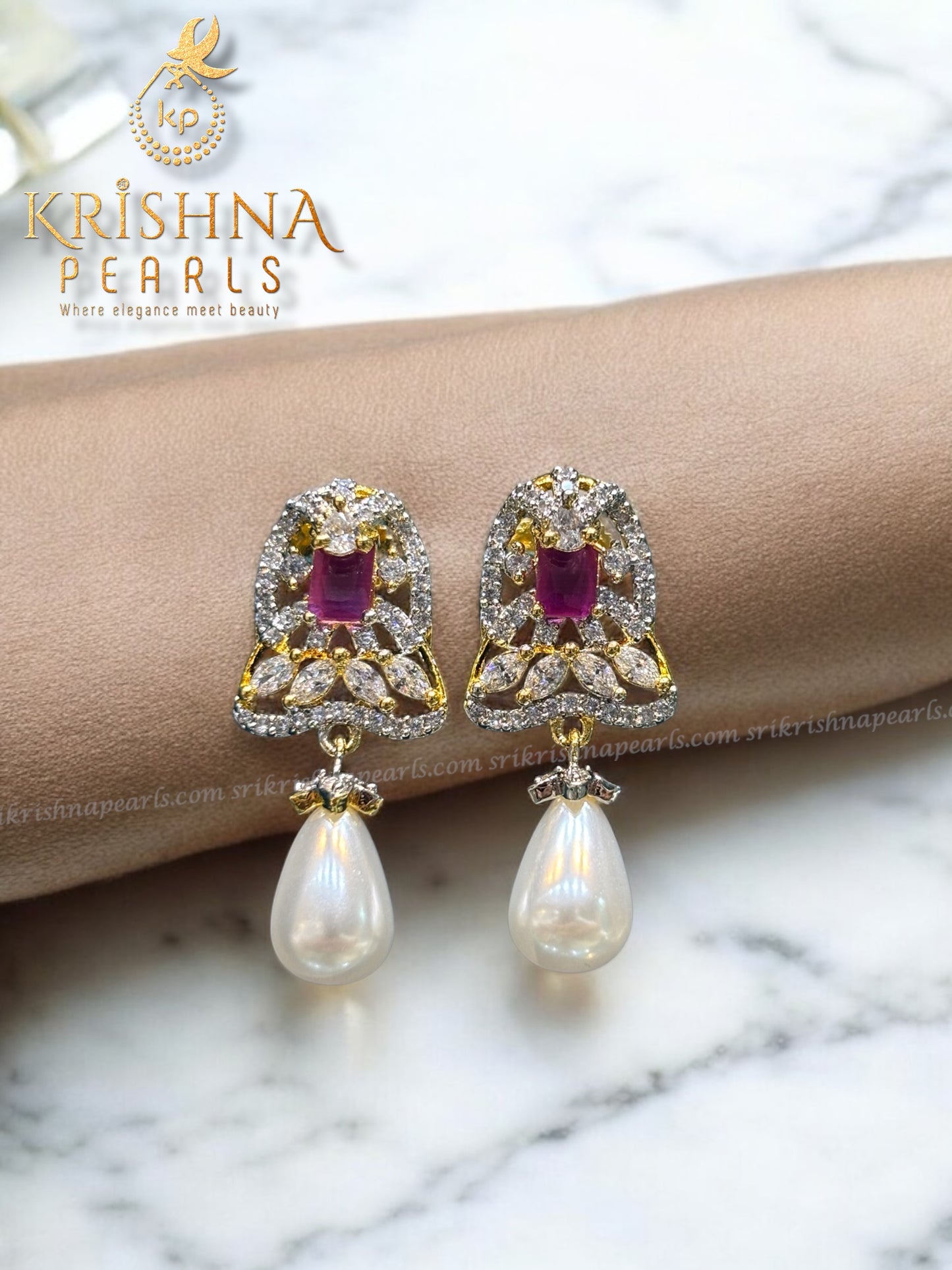 Attractive Ruby Studded Pearls Two Line Broch Set