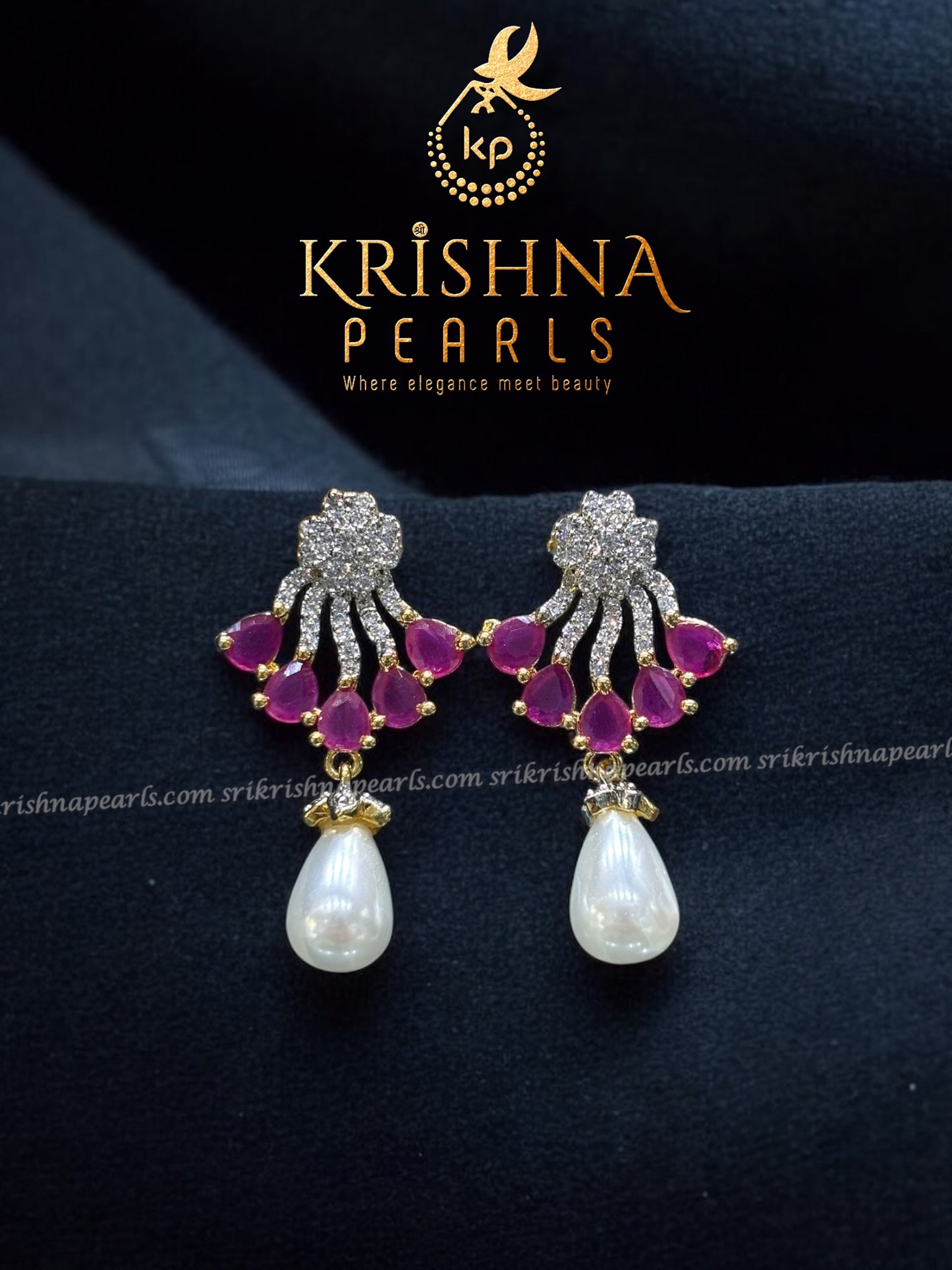 Classic Double Line Ruby Studded Pearls Necklace Set