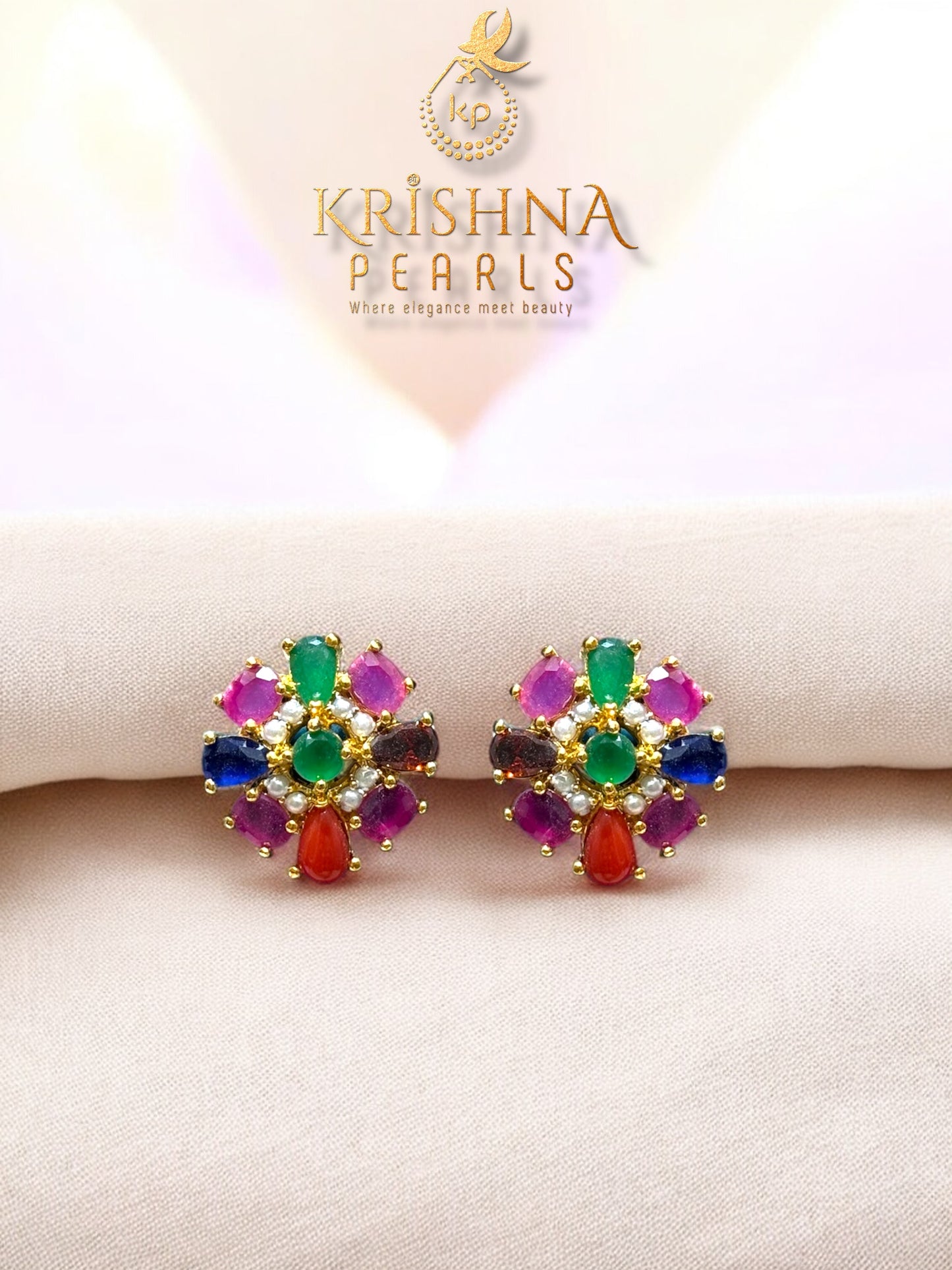 Exclusive Navratna Style Double Layer Pearls Necklace set