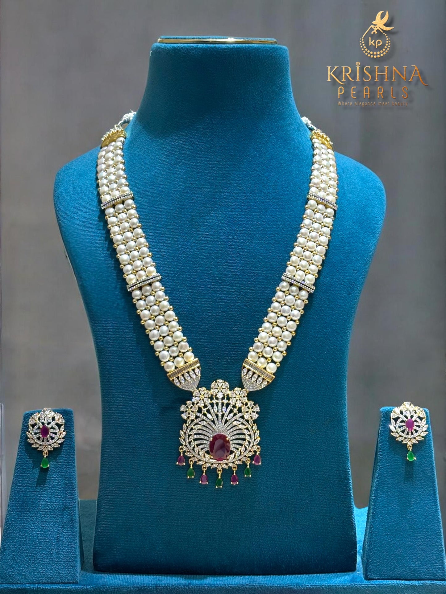 Authentic Button Pearls Three Layers Blue Sapphire Studded Rani Haar