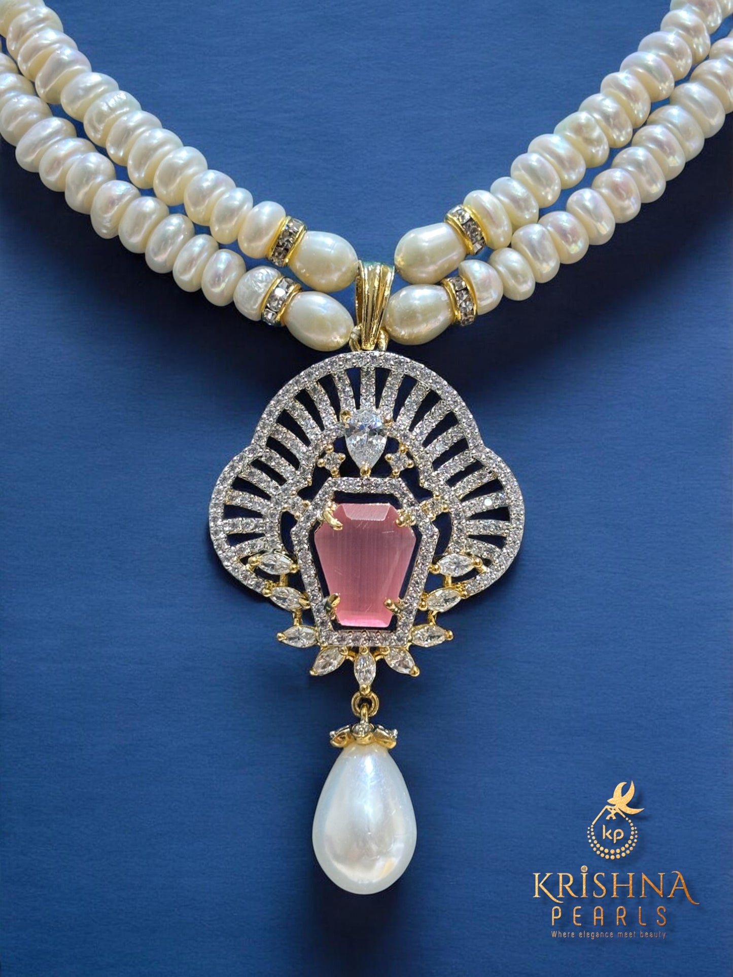 Real Pearls Two Layers Emerald Studded Necklace Set