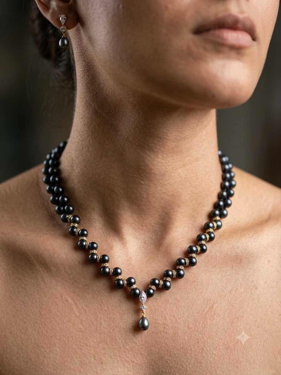 Designer Black Button Pearls Necklace Set