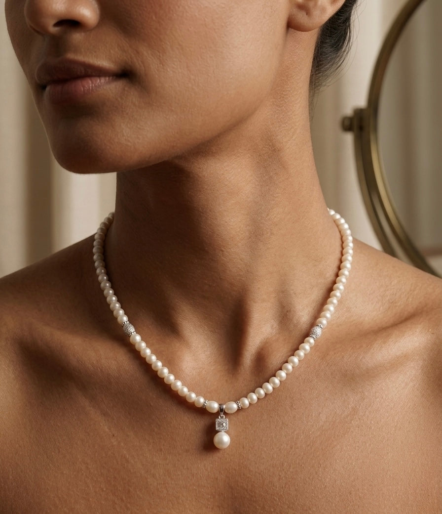 92.5 Silver Cubic Zircon Pearls Studded Combo Set ( Necklace Set With Ring )