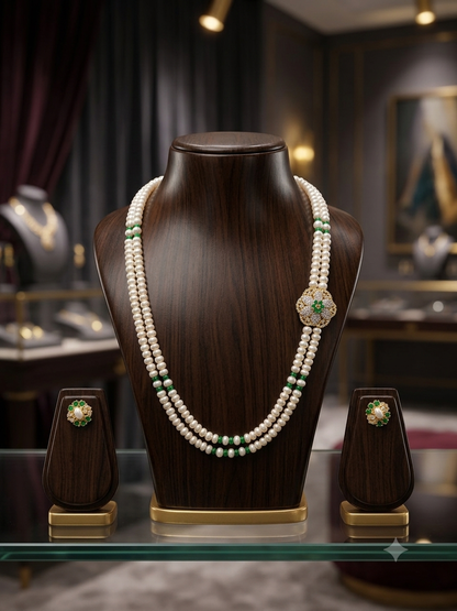 2 Layered Pearls Necklace - Broach Design