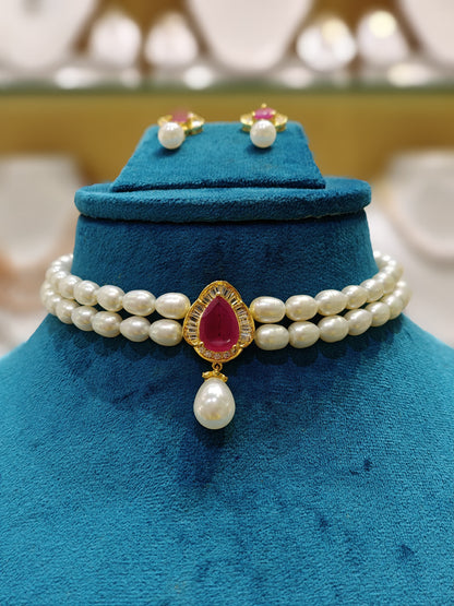 Beautiful Rose Quartz Studded Two Row Pearls Choker Set