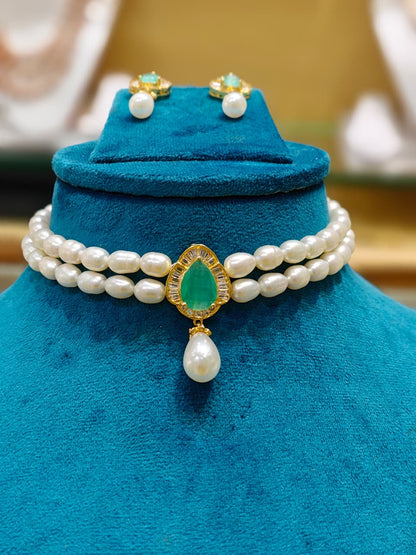 Beautiful Rose Quartz Studded Two Row Pearls Choker Set
