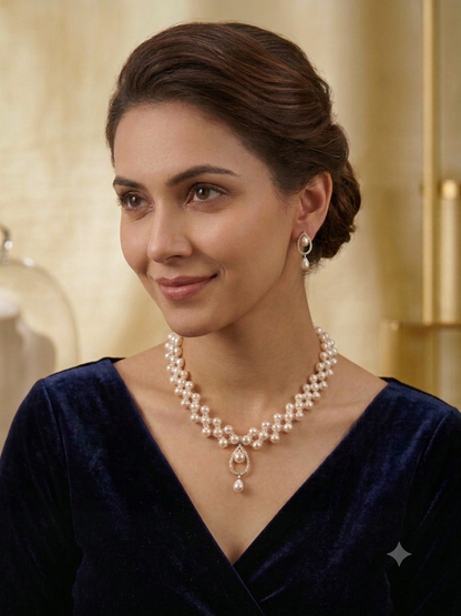 Vintage-Inspired Woven Pearl Collar Necklace & Teardrop Earrings Set – Bridal Jewelry
