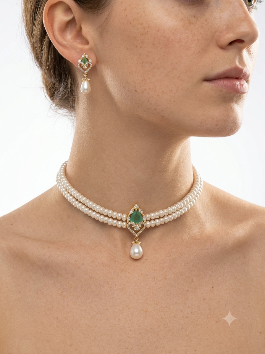 Adorable Emerald Studded Pearls Choker Set