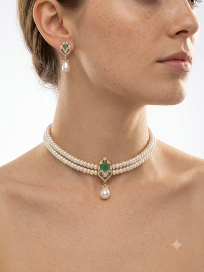 Adorable Emerald Studded Pearls Choker Set