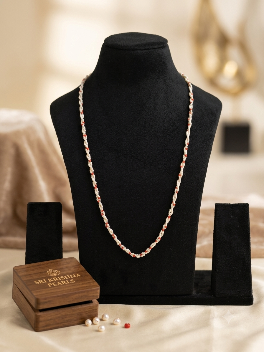 1 MM - 2MM Small Pearls & Coral Long Necklace 24inch Two Layers