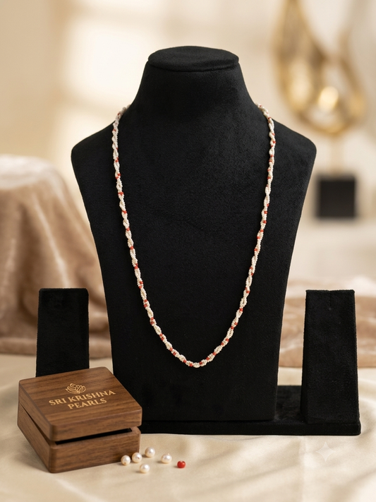 1MM - 2MM Small Pearls & Coral Long Necklace 24inch Two Layers