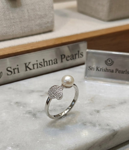 92.5 Silver Heart Shape Pearl Studded Combo Set ( Necklace Set With Ring )