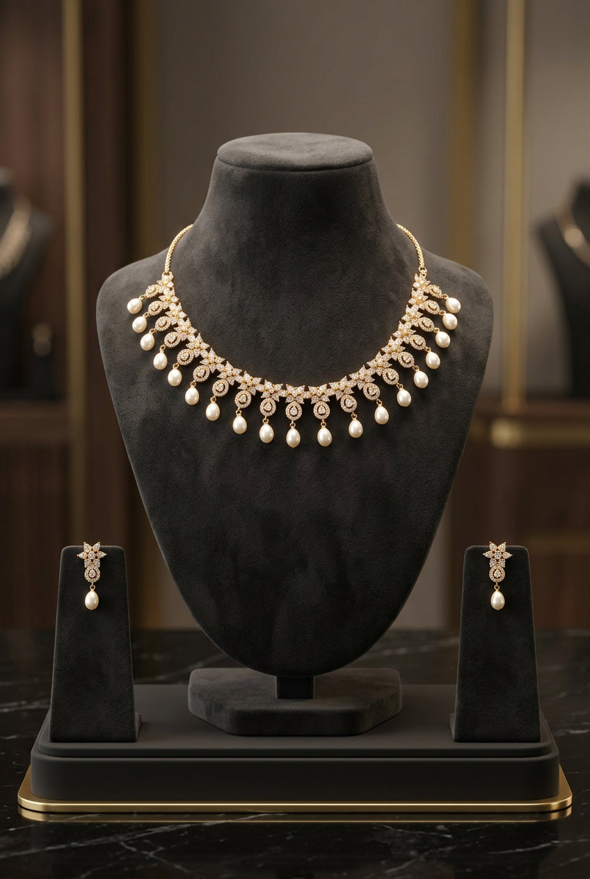 Designer Diamond CZ & Pearls  Necklace Set