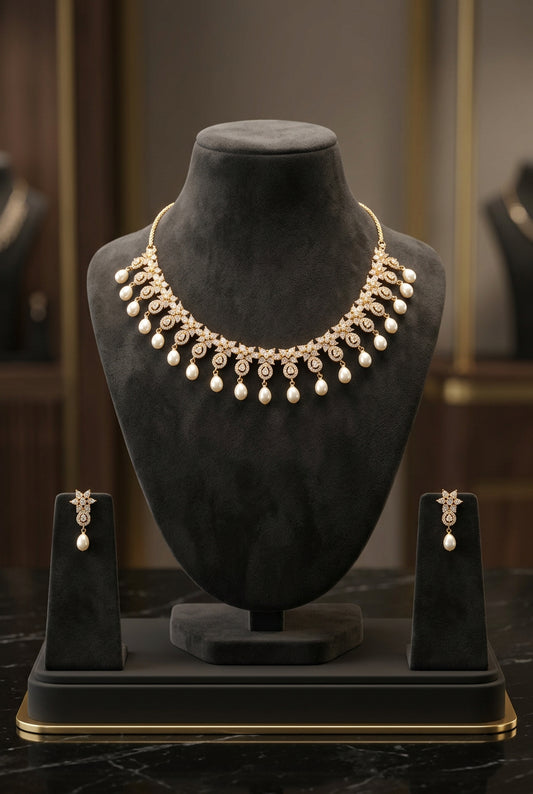 Designer Diamond CZ & Pearls  Necklace Set