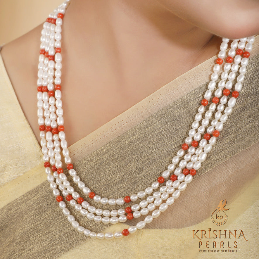 Classy Coral & Pearl Long Necklace