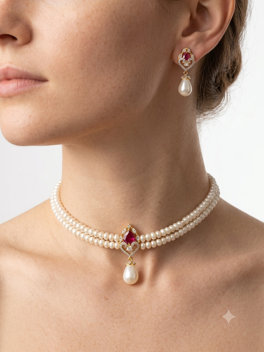Adorable Emerald Studded Pearls Choker Set