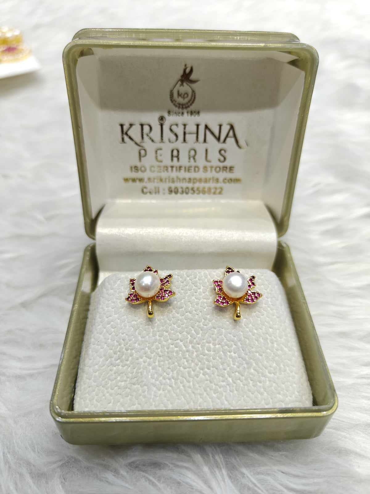Designer Go Green Leaf Pearl Ruby Studds