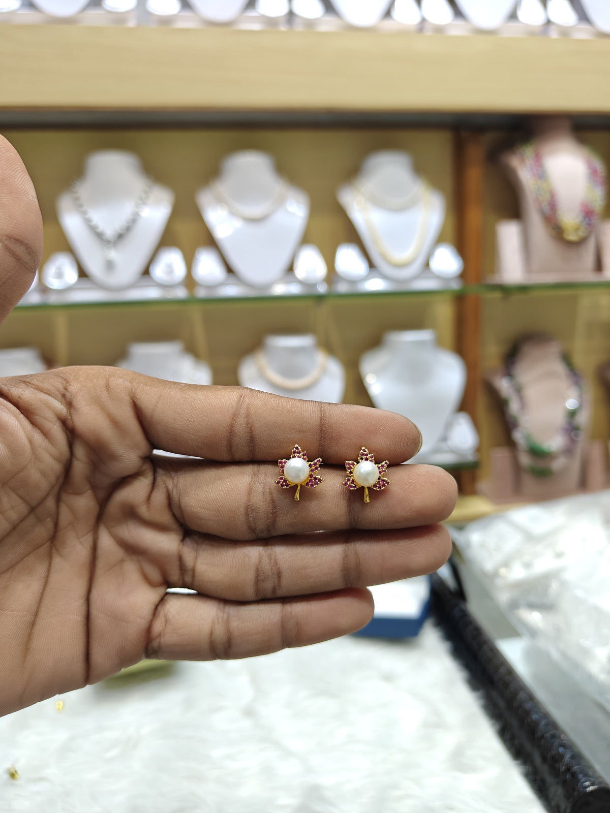 Designer Go Green Leaf Pearl Ruby Studds