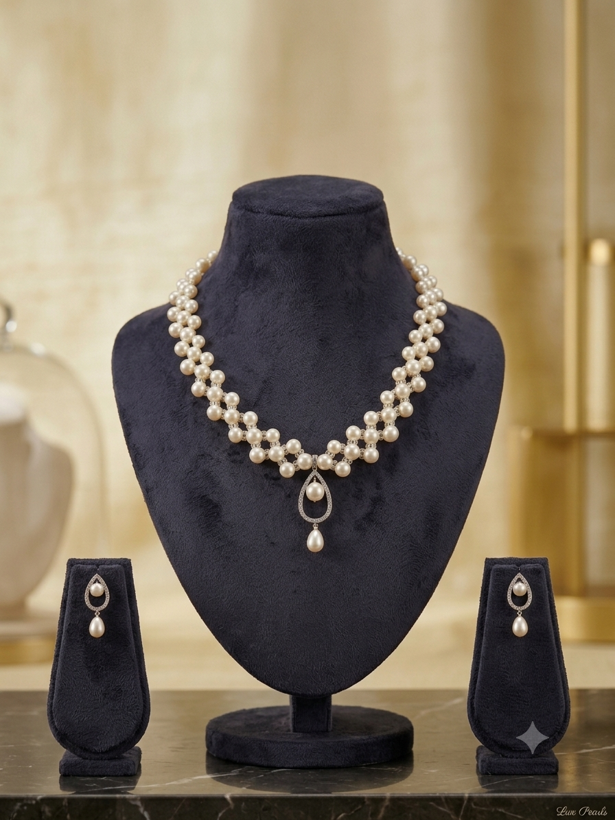 Vintage-Inspired Woven Pearl Collar Necklace & Teardrop Earrings Set – Bridal Jewelry