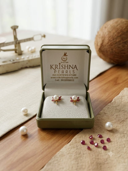Designer Go Green Leaf Pearl Ruby Studds