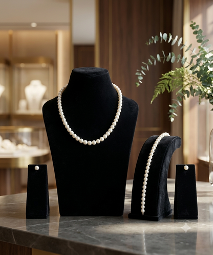 Luxurious Lustrous Round Pearls 8MM with Bracelet Earrings Combo Necklace