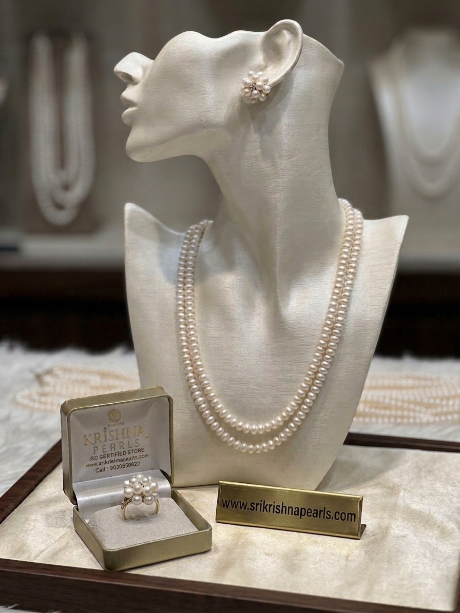 Lustrous Two Layers Half Round Necklace Earrings & Adjustable Finger Ring