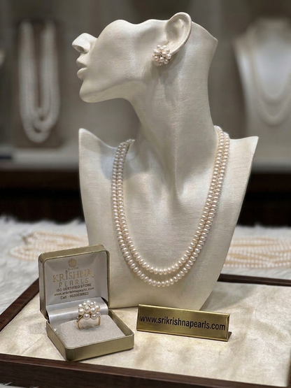 Lustrous Two Layers Half Round Necklace Earrings & Adjustable Finger Ring