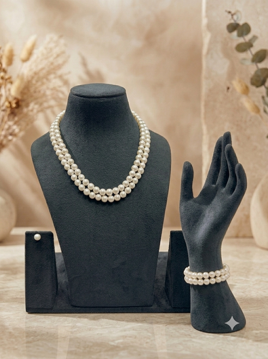 Luxurious Lustrous Round Pearls Two Layered 8MM with Bracelet Earrings Combo Necklace