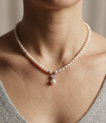 92.5 Silver Heart Shape Pearl Studded Combo Set ( Necklace Set With Ring )