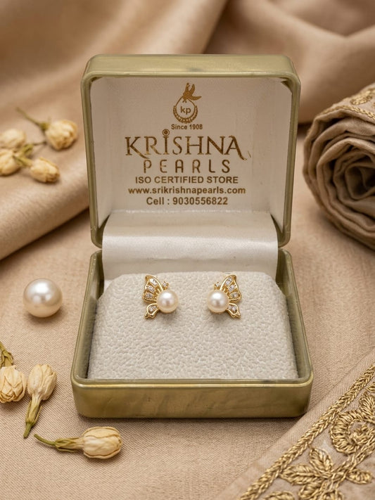 92.5 Silver Post Pin Cute Butterfly Pearl Studds