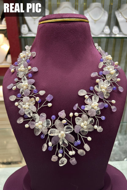 Bridal & Festive Amethyst Pearl Necklace | Handcrafted Statement Gemstone Jewelry