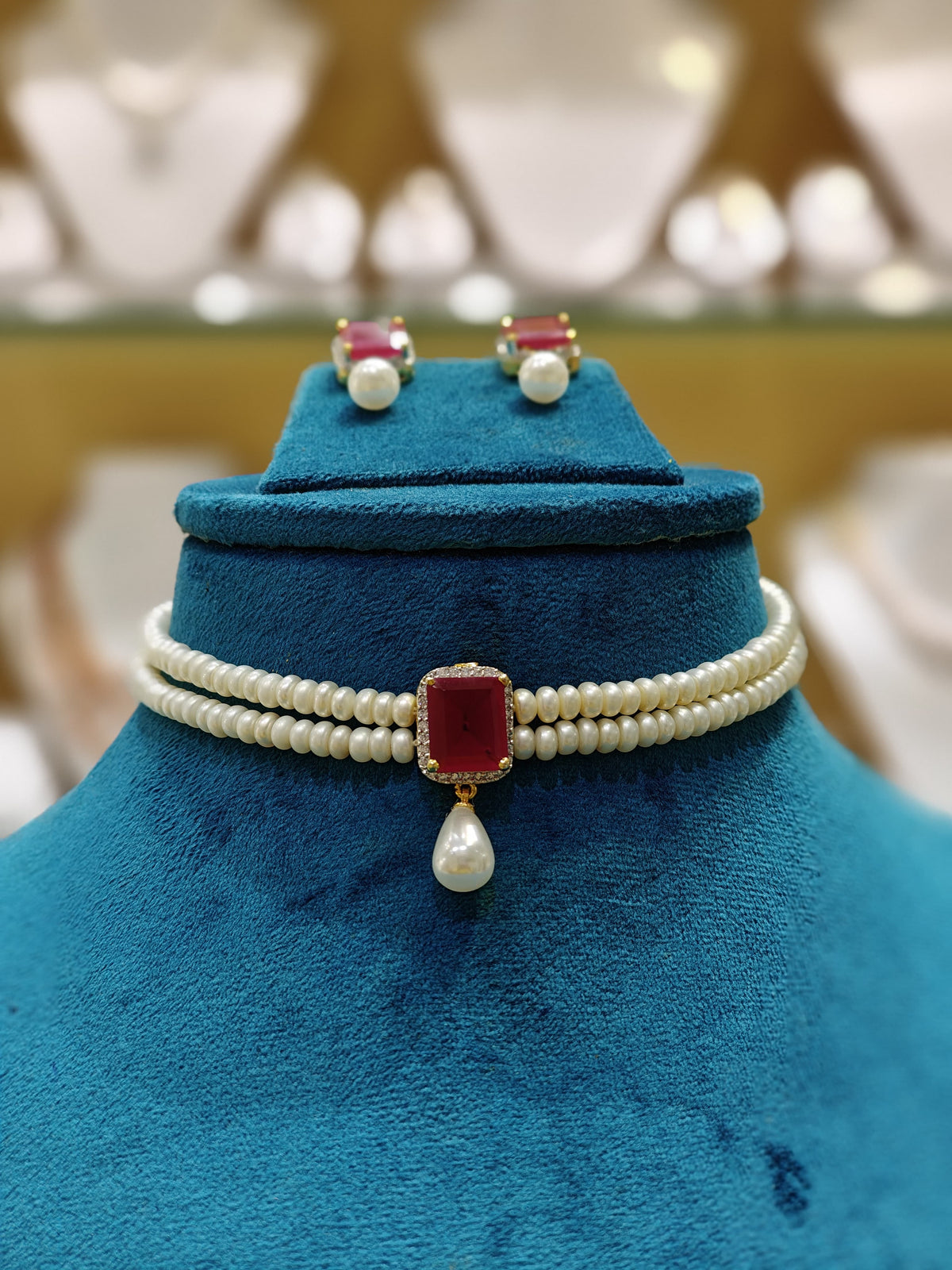 Adorable Ruby Studded Pendent With Two Layers Pearls Choker Set