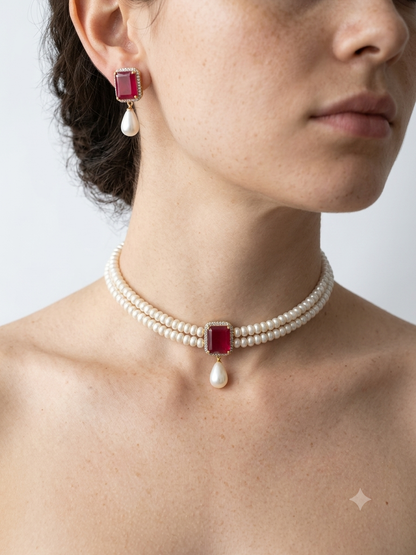 Adorable Ruby Studded Pendent With Two Layers Pearls Choker Set