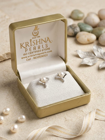 92.5 Post Pin Silver Zircon & Pearl Studded Earrings