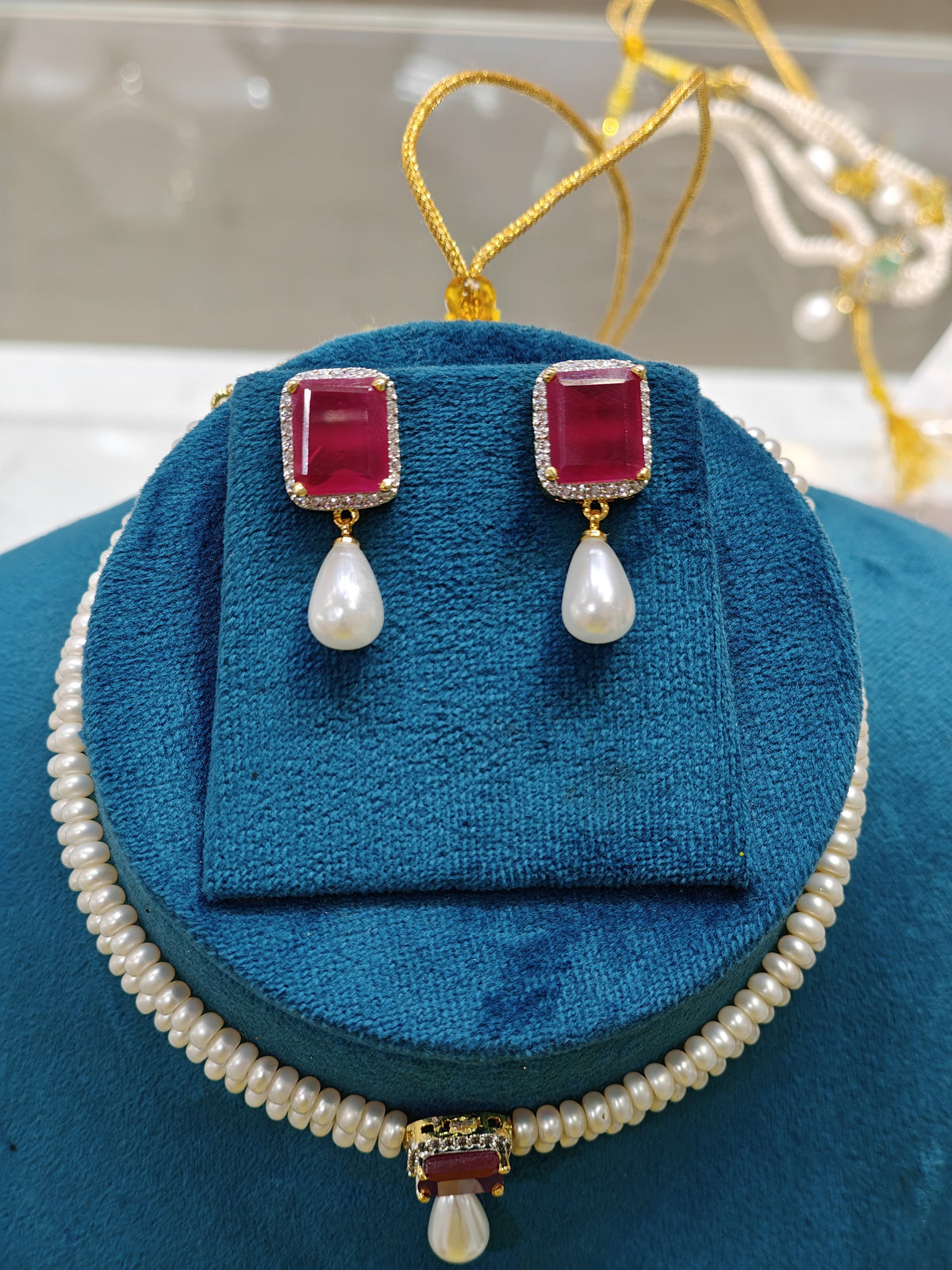 Adorable Ruby Studded Pendent With Two Layers Pearls Choker Set