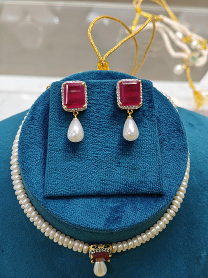 Adorable Ruby Studded Pendent With Two Layers Pearls Choker Set