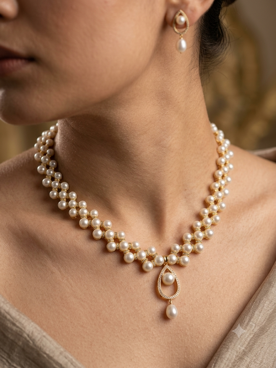 Vintage-Inspired Woven Pearl Collar Necklace & Teardrop Earrings Set – Bridal Jewelry