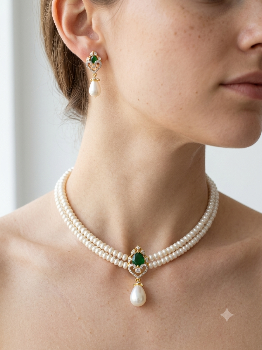 Adorable Emerald Studded Pearls Choker Set