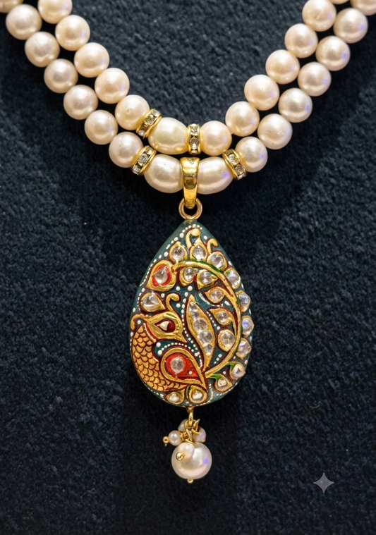 92.5 Pure Silver & 18Kt Pure Gold Foil Handmade Art On Stone with Real Pearls Necklace