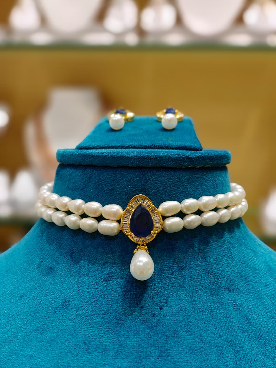 Beautiful Rose Quartz Studded Two Row Pearls Choker Set