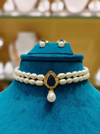 Beautiful Rose Quartz Studded Two Row Pearls Choker Set
