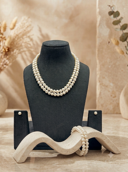 Luxurious Lustrous Round Pearls Two Layered 8MM with Bracelet Earrings Combo Necklace