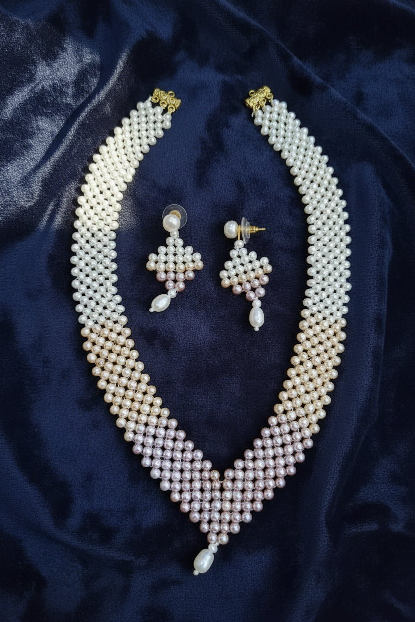 Exquisite Ombre Freshwater Pearl Jewelry Set Woven Mesh Necklace in Pastel Tones by Sri Krishna Pearls