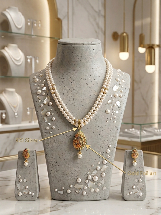 18Kt Gold Foil Artistry Pendant On Stone with Real Pearls Necklace in 925 Silver
