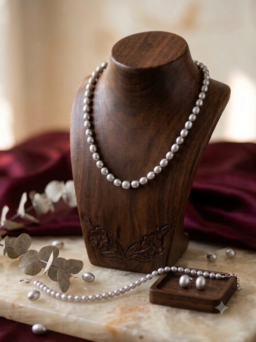 Grey Pearls Graduation Necklace with Bracelet Combo