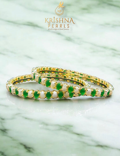 Designer Two Rows Pearl and Emerald Necklace and Bangles Complete Set
