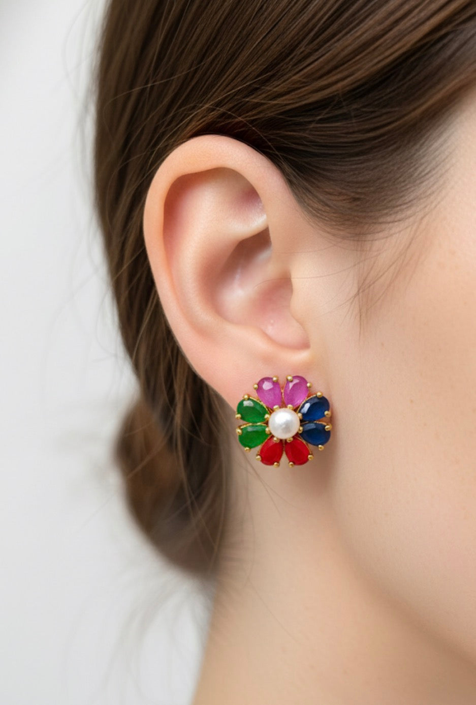 Beautiful Flower Styled Panch Ratna Studded Earrings