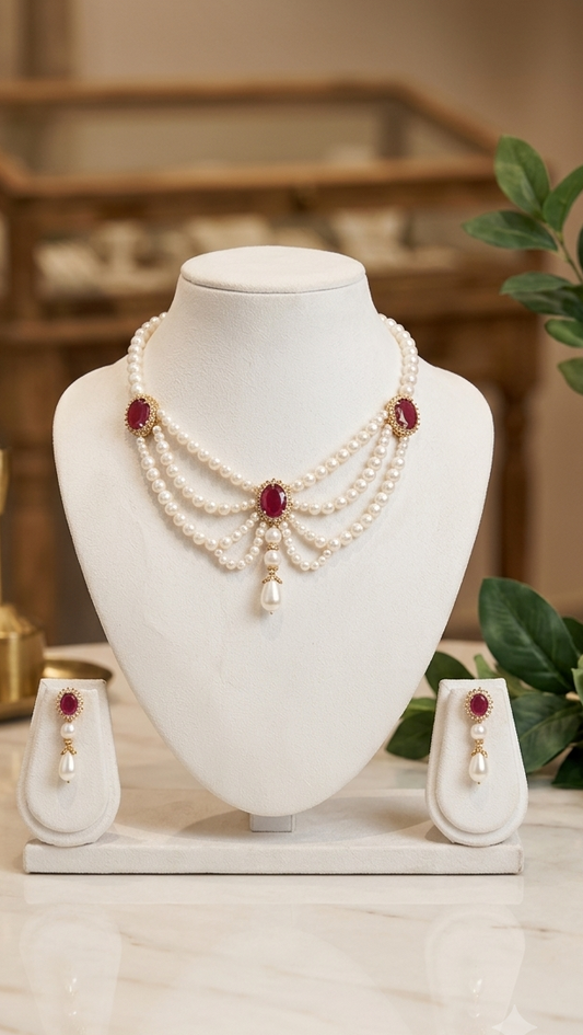 Elegant Pearl & Ruby Statement Necklace Set
